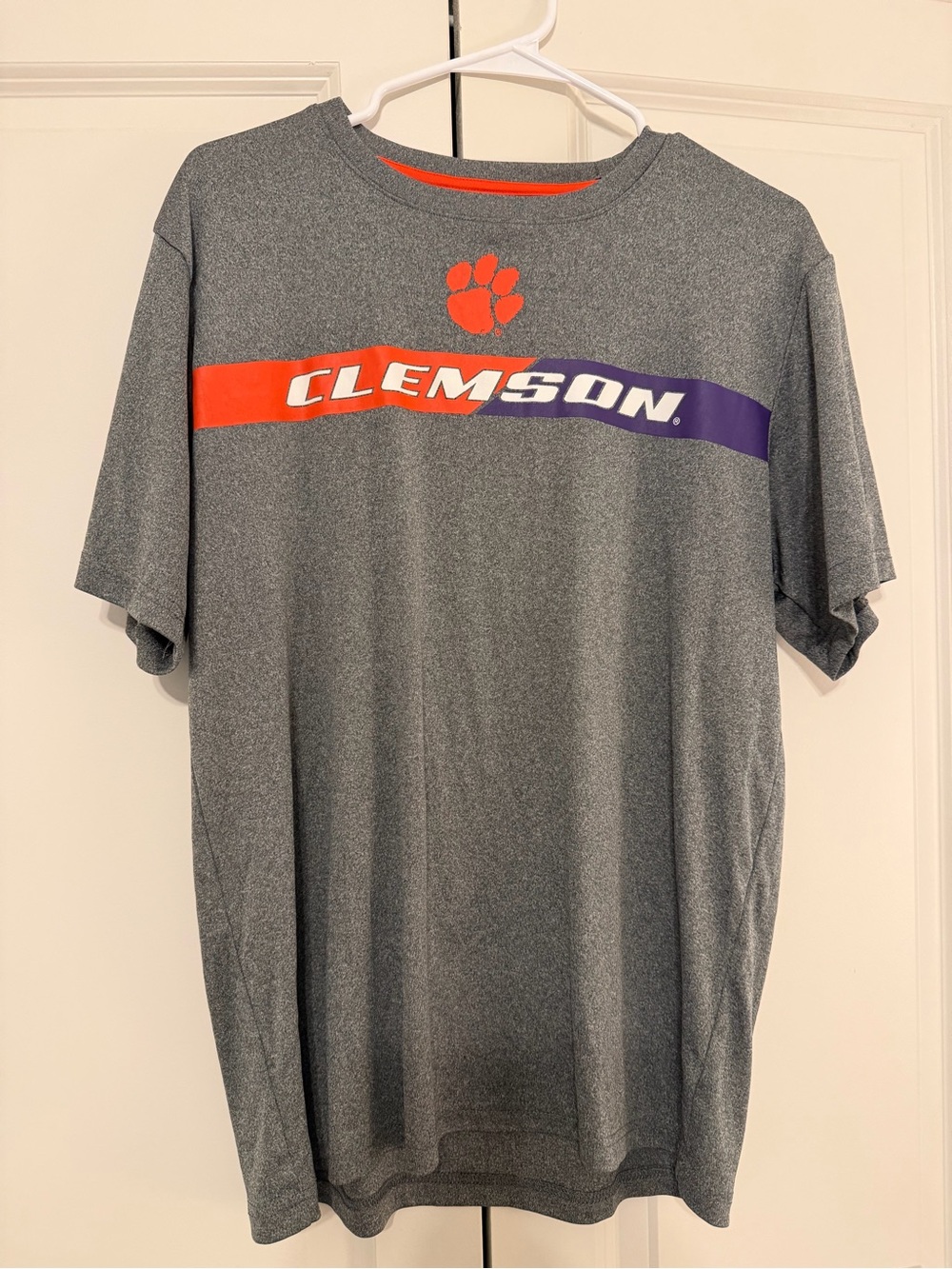 Clemson Men’s Gray Performance Tee with Orange & Purple Logo